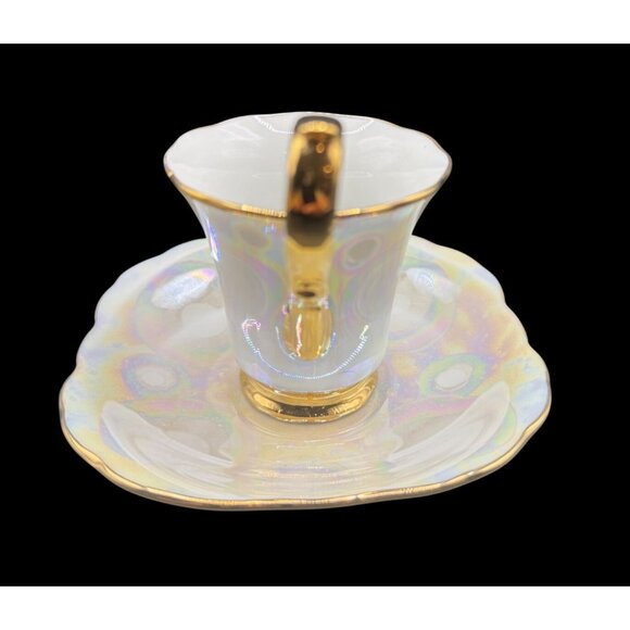 Vintage K. Fogg ‘87 Iridescent Porcelain Tea Cup & Saucer Gold Trim Gold Handle - Picture 5 of 11